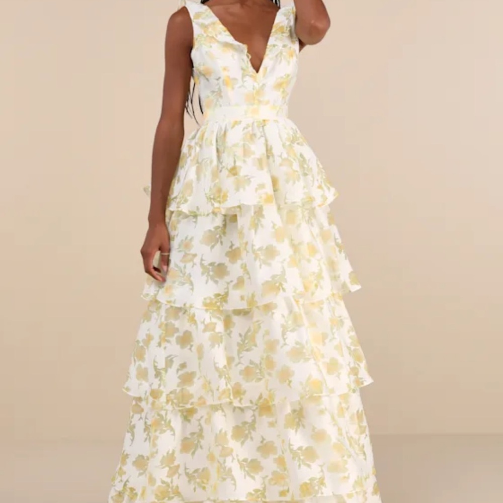 Lulu's Yellow and Cream Floral Maxi Dress